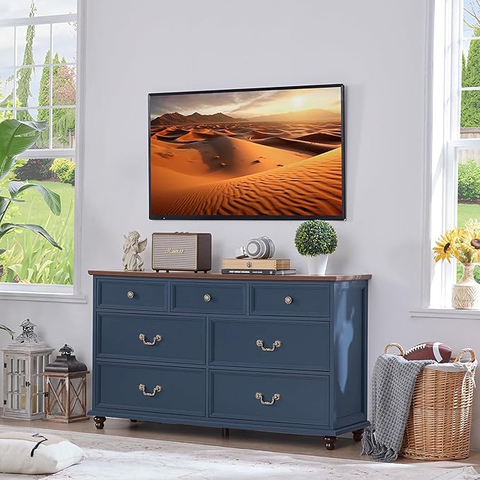 Bedroom Dresser Sets, 54" Wide 7 Drawers Dresser and 45" Tall 5 Drawers Dresser, Wooden 2 Piece Bedroom Furniture Set, Chest of Drawer for Bedroom, Home, Living Room, Hallway, Navy Blue