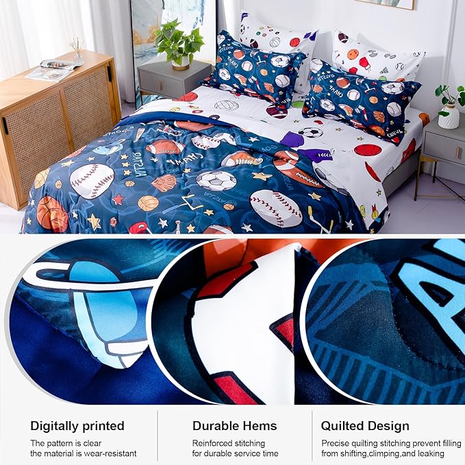 Wajade Sports Comforter Set - 7 Piece Queen Bedding with 3D Soccer, Basketball, Baseball, Football Design for Kids