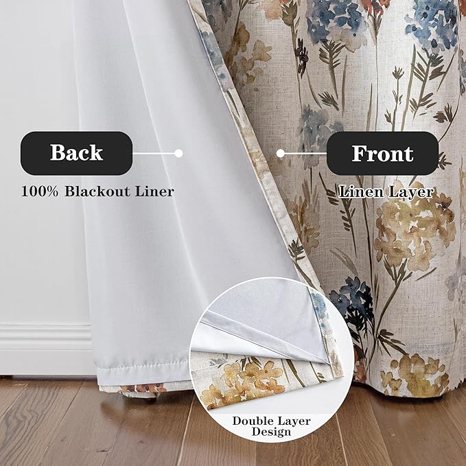 MYSKY HOME Extra Long 100% Blackout Curtains 108 Inches Long 2 Panels for Living Room Bedroom Farmhouse Floral Patterned Double Layer Thermal Insulated Grommet Window Treatments, Yellow, 52" W Each