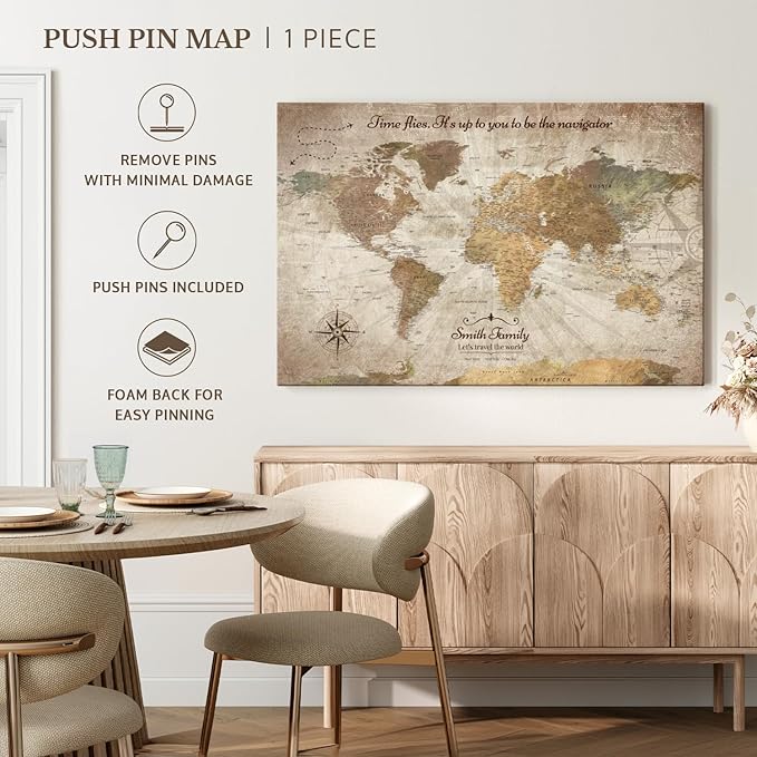 ElephantStock - Personalized Be The Navigator I Push Pin World Map Wall Art - Horizontal Canvas Wall Art - Living Room Wall Decor - Digital Art Map Canvas Art - Brown And Beige Decor - 12" x 8"