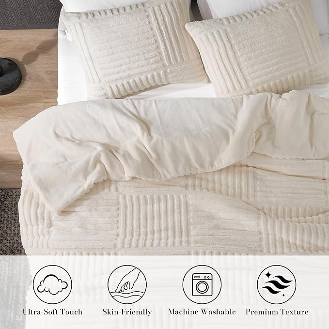 Amélie Home King Size Comforter Set with Stripe Jacquard Design, Beige Fluffy Fleece Bedding Set, Super Warm Fuzzy Plush Bedding Set for Winter, 3 Pieces, 1 Soft Comforter and 2 Pillowcases