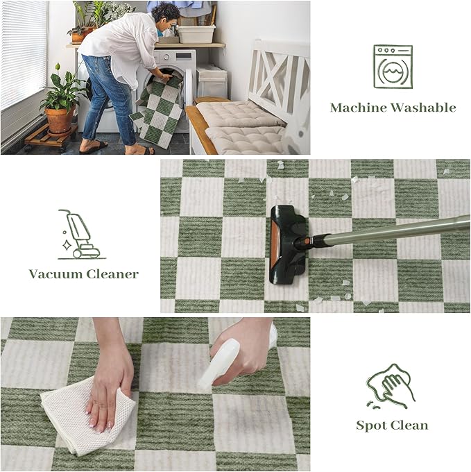 LIVEBOX Checkered Round Rug 4 Ft Washable Area Rug for Playroom, Kids Non-Slip Neutral Classic Circle Rug Geometric Large Carpet Soft Boys Rug for Classroom Dorm Bedroom(Green,120R)