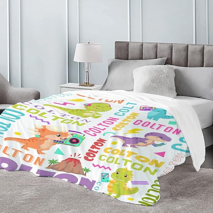 Dinosaur Lover Personalized Blanket with Custom Baby Dinosaur Custom Name Flannel Blanket Soft Throw Meaningful Gift for Toddlers Girls Boys Kids Pets 120 * 90" XL for Family