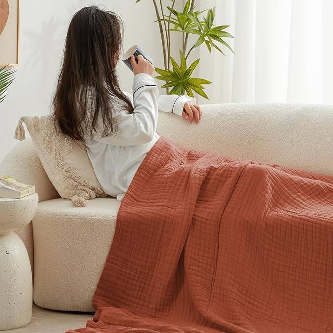 Love's cabin 6 Layer 100% Cotton Muslin Blanket, 108"x90" Muslin King Size Blanket for Bed Couch, Lightweight and Breathable Cotton Gauze for Adult, Orange