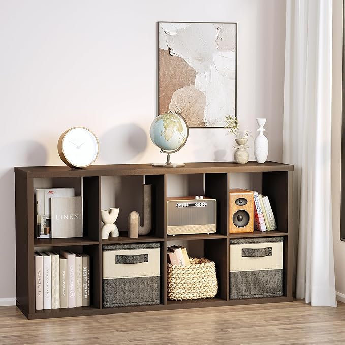 14.6" x 30" x 57.9" Eight Cubes Storage Shelf, Wooden Cube Storage Organizer with 8 Cubbies, 8 Cubbies Shelf for Bedroom, Office, Living Room, Playroom, Dark Brown
