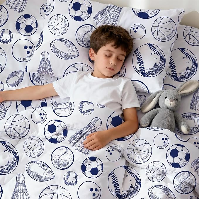LONAVA Twin Kids Comforter Set - 4 Pieces Twin Bedding Sets for Boys Girls Children, Ultra Soft Microfiber Bed in A Bag with Flat Fitted Sheets, Ball Sports