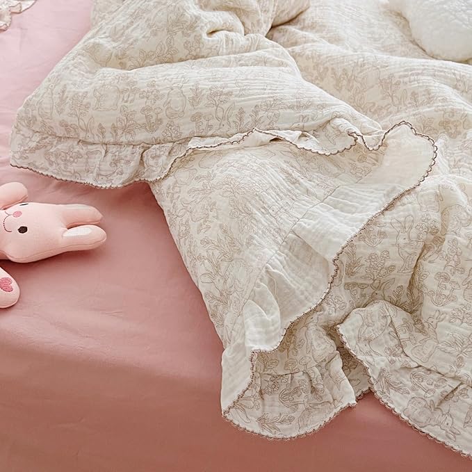 BuLuTu Flower Rabbit Print Duvet Cover Twin, Soft Breathable Muslin Cotton Quilt Cover 68"x86", Girls Boys Comforter Cover with Chic Ruffles, Zipper Closure, Corner Ties, All Seasons