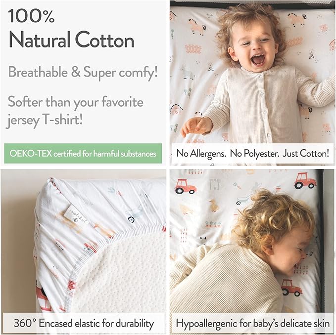 Joey + Joan Bassinet Sheets for Chicco LullaGo Nest, Primo, Close to You 3-in-1 & Next2Me Bassinet - Farm Animals - 2 Pack - 100% Cotton - Not for LullaGo Anywhere