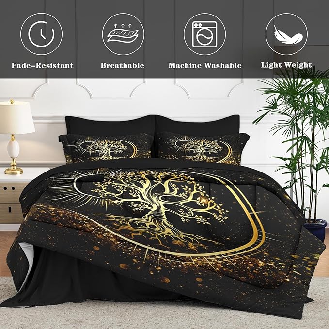 7 Pcs King Size Comforter Set with 2 Pillowcases & 2 Shams, Black Sun and Moon Bedding for Kids and Adults, Nature Tree of Life Bed in a Bag with Flat Fitted Sheet