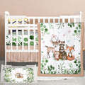 3 Pcs Baby Crib Bedding Set Safari Animals Dinosaurs Bear Woodland Animals Jungle Crib Set Includes Quilt, Fitted Sheet, Skirt for Baby Boy Girl(Green,Woodland Raccoons Deer Etc.)