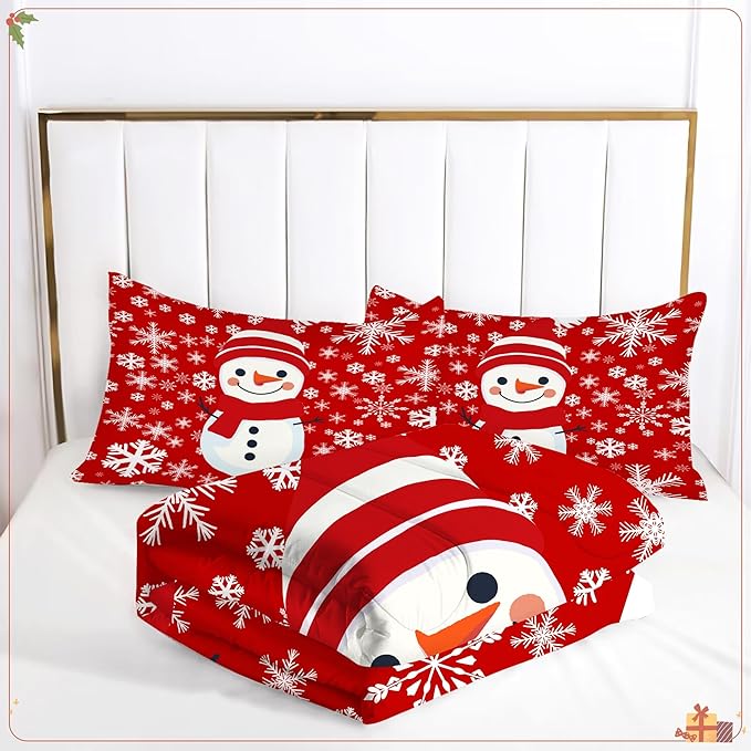 Christmas Comforter Set King: Christmas Snowman Red Bedding Sets King Size for Teen Girls Women Bedroom Xmas Snowflakes Quilt Winter Snow 3 Piece Bed Set 1 Comforter & 2 Pillowcases