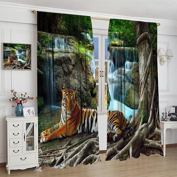 Waterfall Landscape Blackout Curtains, Spring Forest Animal Tiger Tree Waterfall Nature Window Drapes, for Bedroom Living Room 42" W X 45" L