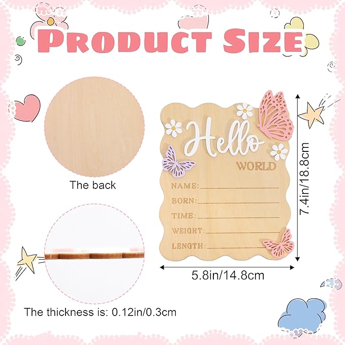 Butterfly Daisy Hello Worid Board - Little Butterfly Birth Announcement Sign, Wooden Hello World Card for Hospitals, Newborn Birth Information Record Board, Daisy Nursery Decorations Photo Props