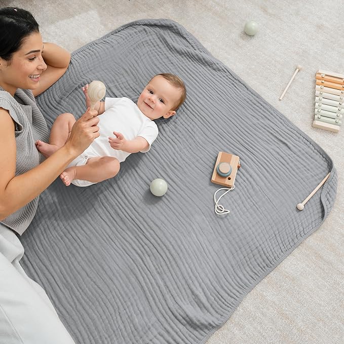Comfy Cubs Muslin Baby Blanket - Soft, Lightweight, 6-Layer Cotton Swaddle Blankets for Newborns, Infants & Toddlers - 40" x 40" Large, Breathable & Versatile for Sleeping & Tummy Time - Heather Blue