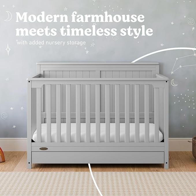 Graco Hadley 5-in-1 Convertible Crib with Drawer (Pebble Gray) – GREENGUARD Gold Certified, Crib with Drawer Combo, Full-Size Nursery Storage Drawer, Converts to Toddler Bed, Daybed