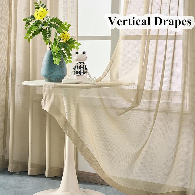 Taupe Sheer Curtains 90 Inches Long, Neutral Linen Look Textured Light Filtering Drapes Decor, Tan Beige Transparent Window Treatments, Rustic Pinch Pleat Curtain with Hooks