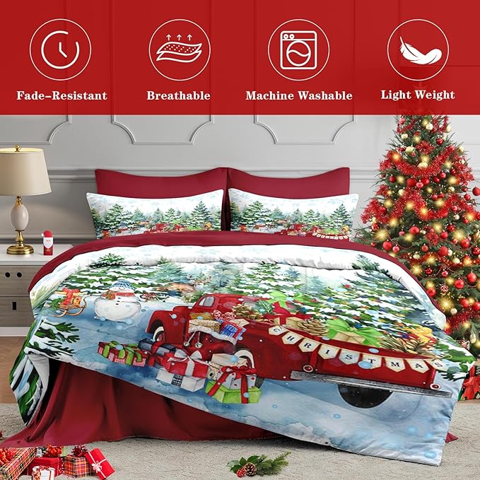 7 Pcs Full Size Christmas Comforter Set with 2 Pillowcases & 2 Shams, Red Vintage Truck Snowman Bedding for Kids and Adults, Winter Snow Forest Elk Bed in a Bag with Flat Fitted Sheet