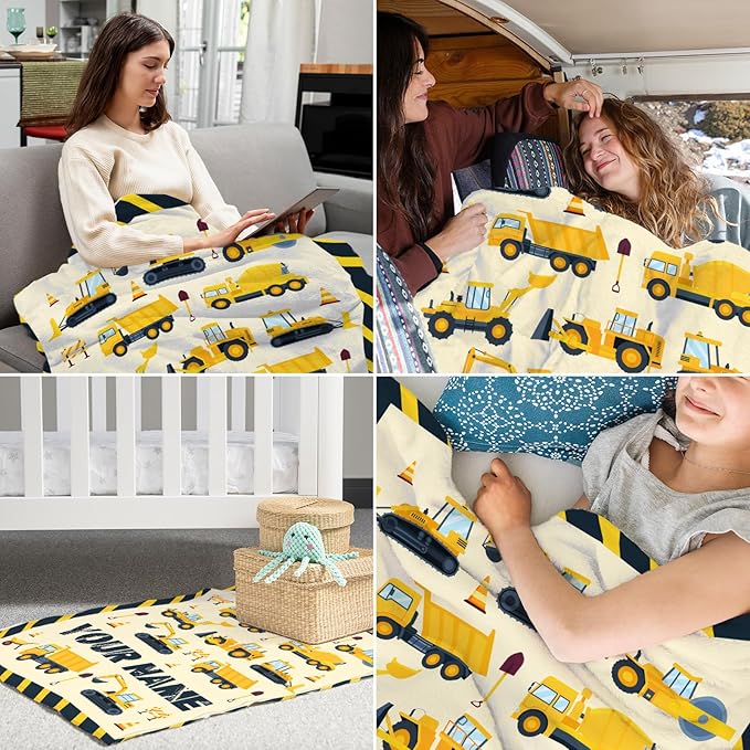 Custom Construction Blanket for Construction Lovers - 50" x 60" Inches Warm Fuzzy Throw Blanket Gift - Yellow Throw for Sofa, Work, Living Room