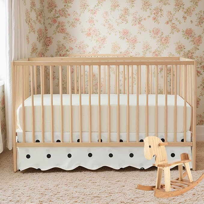 Brandream Scallop Edge Cotton Crib Skirt Toddler Bedskirt Baby Nursery Crib Bed Skirt Boho Bohemian Neutral Solid Color Cream Off White Farmhouse Chic Black Polka Dots Skirt