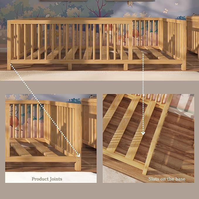 Montessori Floor Bed with Slats for Toddler 60'' x 80'' Queen Size | Pine Wood Natural Solid Frame Bed | Sturdy Design Floor Bed Frame for Boy and Girls (Queen, Height : 23.6 Inches)