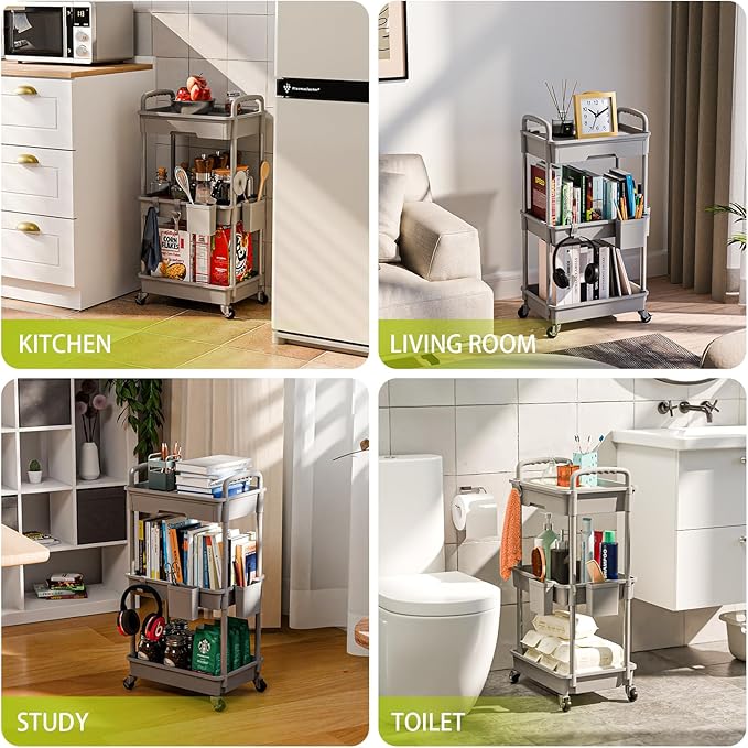 3 Tier Rolling Cart Organizer,Laundry Room Bathroom Organizers and Storage Office Shelves Mobile Shelving Unit Kitchen Trolley Cart with Wheels for Art,Craft,Diaper,Bedside,Snack(Grey)