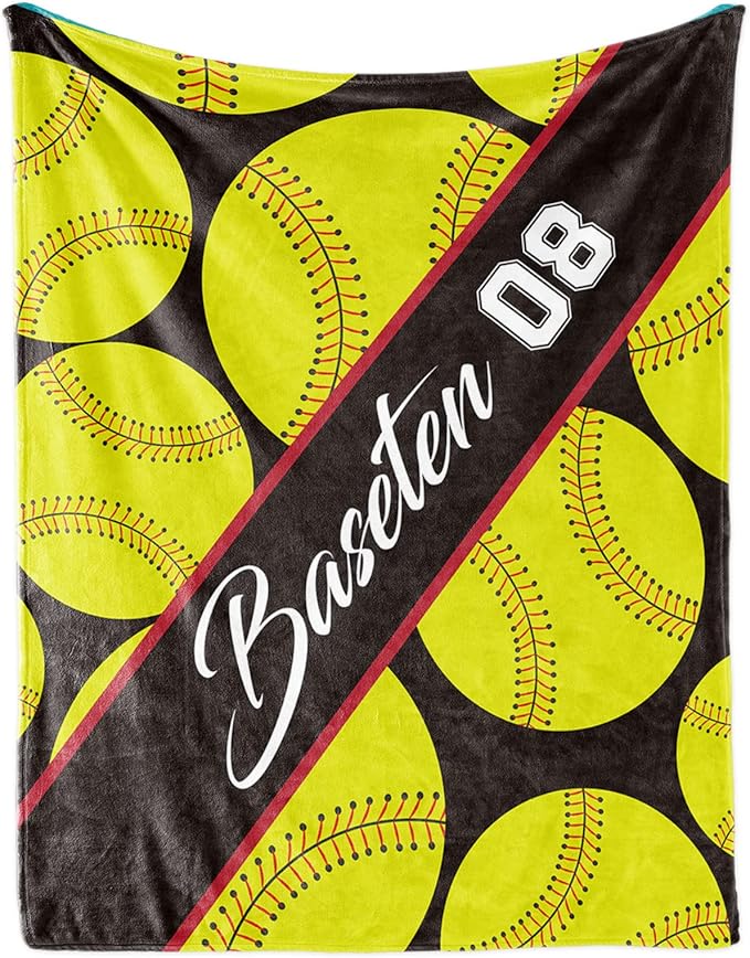 Personalized Softball Baby Blanket Gifts: Custom Soft Flannel Fabric Blankets with Name Number for 0-6 Years Kids Boys Girls - Warm and Comfortable(40X50inch)
