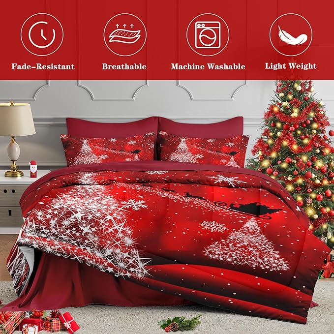 5 Pcs Twin Size Christmas Comforter Set with Pillowcase & Sham, Glitter Pine Tree Bedding for Kids and Adults, Winter Elegant Snowflake Bed in a Bag with Flat Fitted Sheet