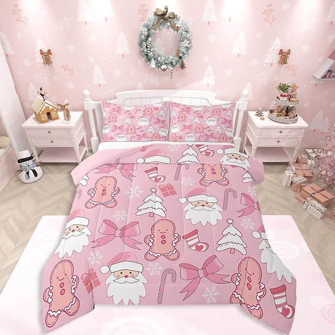 Feelyou Pink Christmas Bedding Set Soft for Boys Girls, Santa Claus Comforter Set King Size Gingerbread Man Duvet Quilt Microfiber Bow Candy Cane Bedroom Decor 3 Pcs with 2 Pillow Cases