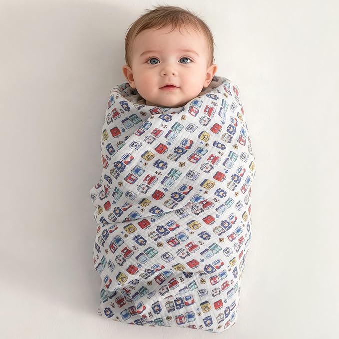 NTBAY 2 Layer Muslin Cotton Baby Swaddle Blanket, 30x40 Soft and Breathable Receiving for Newborns and Infants, Perfect for Crib, Stroller, Travel, Lightweight Nursery Blanket, Cartoon Train