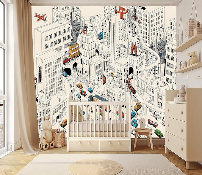 XMPMBM-Cartoon Comics City Nursery Room Fabric Wallpaper Kids Bedroom Hand-Painted Graffiti Wall Mural-W 154" X H 105"（112 Square Foot）