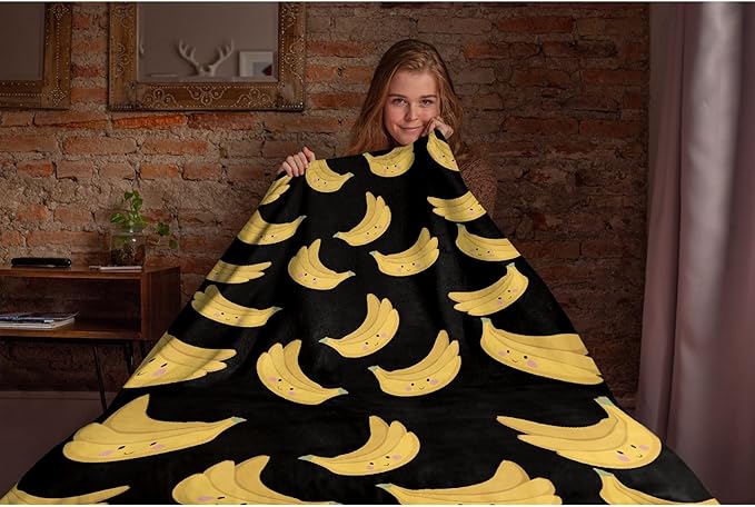 Thuswarm Cute Banana Kawaii Black Flannel Throw Blanket Warm Cozy Soft Funny Print Blankets for Bed Couch Sofa Room Decoration Gifts 60”×50” Medium for Teen