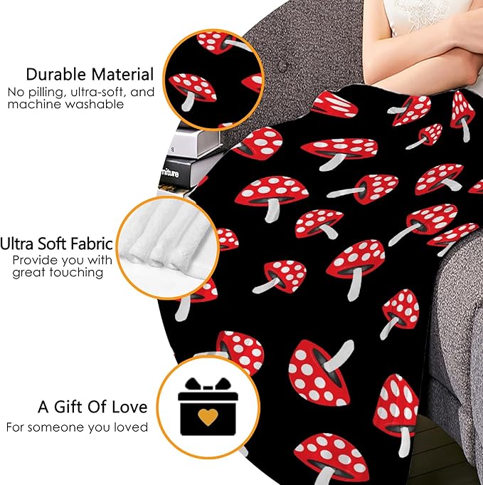 Thuswarm Cute Red Mushroom Flannel Blanket for Autumn Winter Gifts Warm Cozy Soft Funny Print Throw for Bed Couch Sofa 120”×90” Extra Large for Family