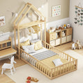 KOMFOTT Twin Size Floor Bed with House-Shaped Headboard, Kids Montessori Floor Bed with Detachable Clothes Hanger, Full Length Safety Guardrails, Door & Latch, Solid Wood Floor Bed Frame