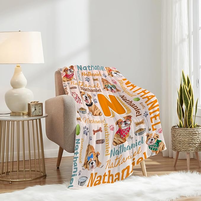 Personalized Custom Bulldog Blanket Gifts for Kids Boys Girls with Name - Customized Bulldog Super Soft Lightweight Flannel Sheets Decor for Crib Nap Couch - 90"x120" for Whole Family