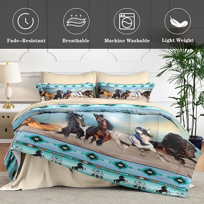 7 Pcs King Size Comforter Set with 2 Pillowcases & 2 Shams, Horses Western Bedding for Kids and Adults, Tribal Sunset Run Bed in a Bag with Flat Fitted Sheet