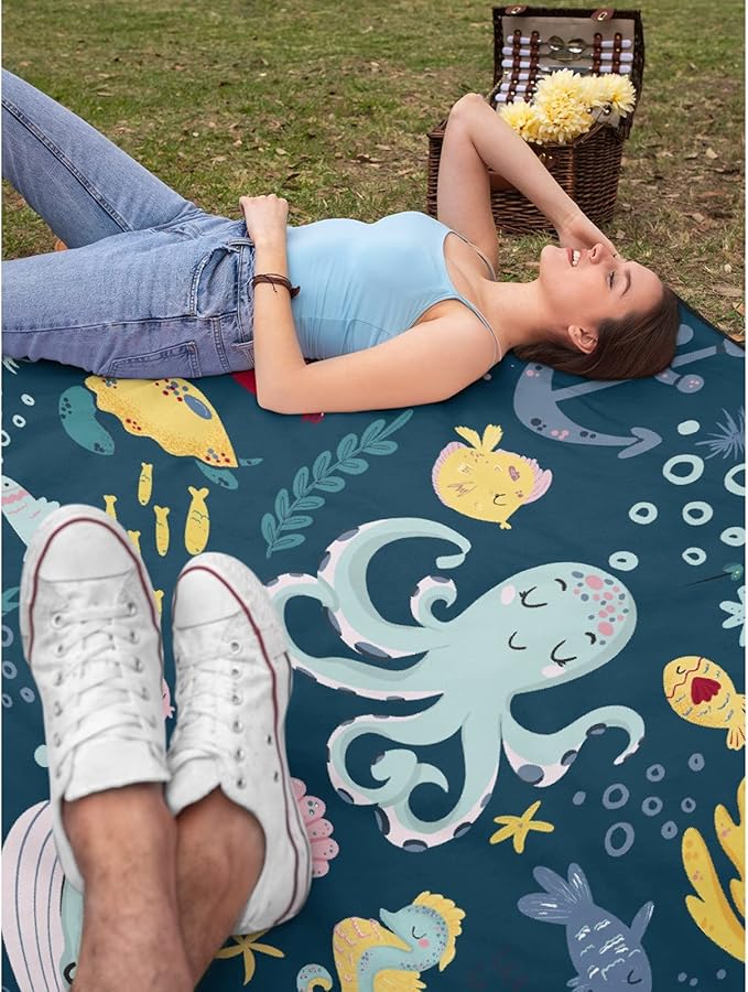 Thuswarm Cute Blue Sea Creatures Octopus Whale Flannel Blanket for Autumn Winter Gifts Warm Cozy Soft Funny Print Throw for Bed Couch Sofa 60”×50” Medium for Teen