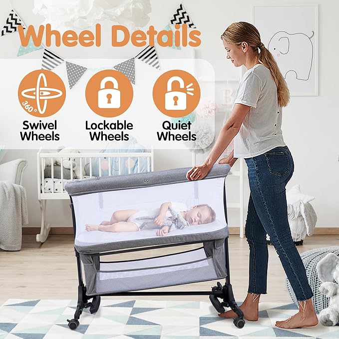 Bedside Bassinet, 3-in-1 Baby Bassinet Bedside Sleeper with Mosquito Net, Adjustable Height, Portable Baby Crib with Wheels, Breathable Mesh & Storage Basket