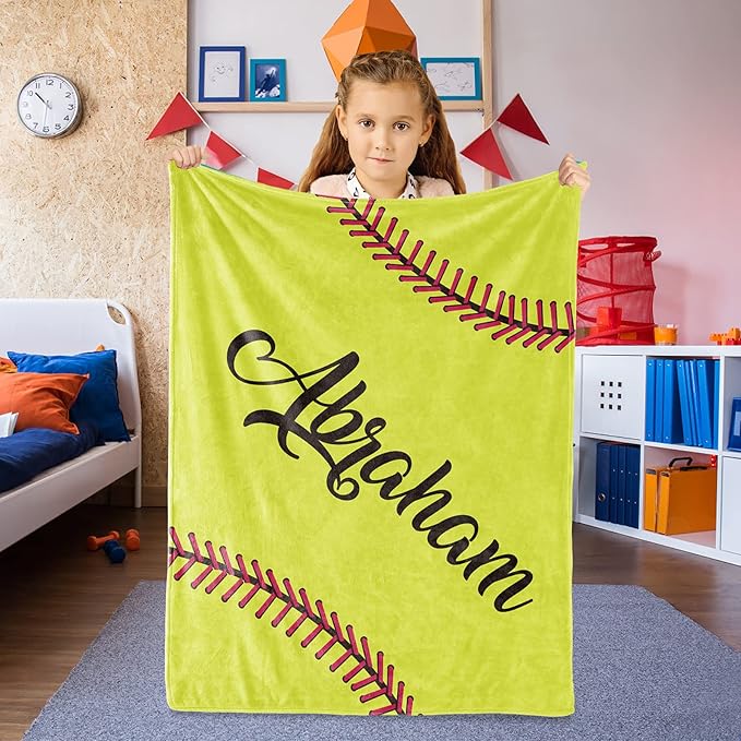 Personalized Softball Kids Blanket with Naumber and Name - Custom Sport Bed Blankets Gift for 0-3 Months Baby Essential and Warm 40x50inch