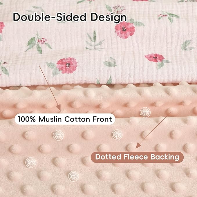 david's kids Muslin Minky Baby Blanket for Girls with Muslin Cotton Front and Dotted Fleece Backing, Breathable and Soft Lightweight Receiving Blanket for Newborns, 30x40 Inches, Pink Floral