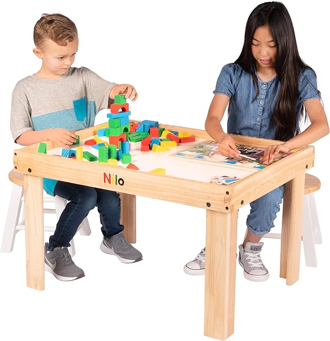 NILO Kids Play Table Set with 2 Compatible Lego Duplo Detachable Two-Sided Baseplates/Boards/Mats (N34 Activity Table w/Holes, 24x32x20 and 2X Green Base Plates 12x32)