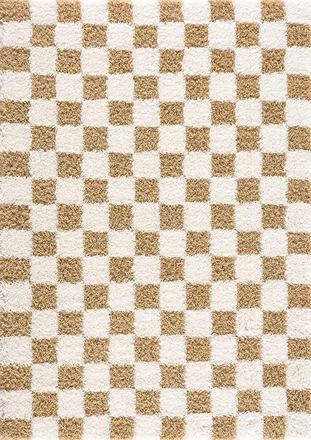 BoutiqueRugs Atira Modern Checkered Shag Area Rug - High Pile Fluffy Shaggy Carpet for Kids Room, Nursery, Living Room - Yellow, Cream, White, Mustard - 7'10" X 10'3" (8x10)