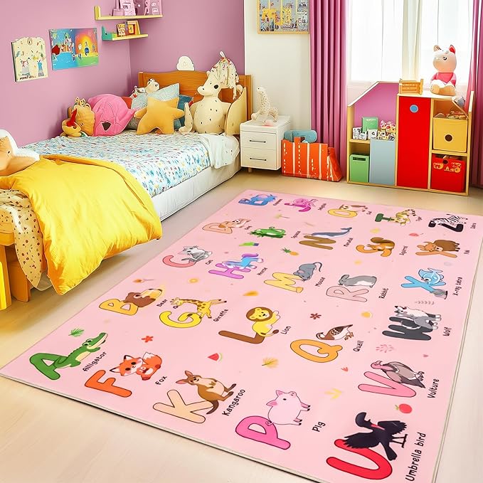 Kids Rugs for Playroom, 8x10 Ft Educational Rug for Learn The ABC Alphabet, Soft Machine Washable Non-Slip Cute Cartoon Animals Carpet for Classroom Toddler Nursery Kids Room Decor, Pink