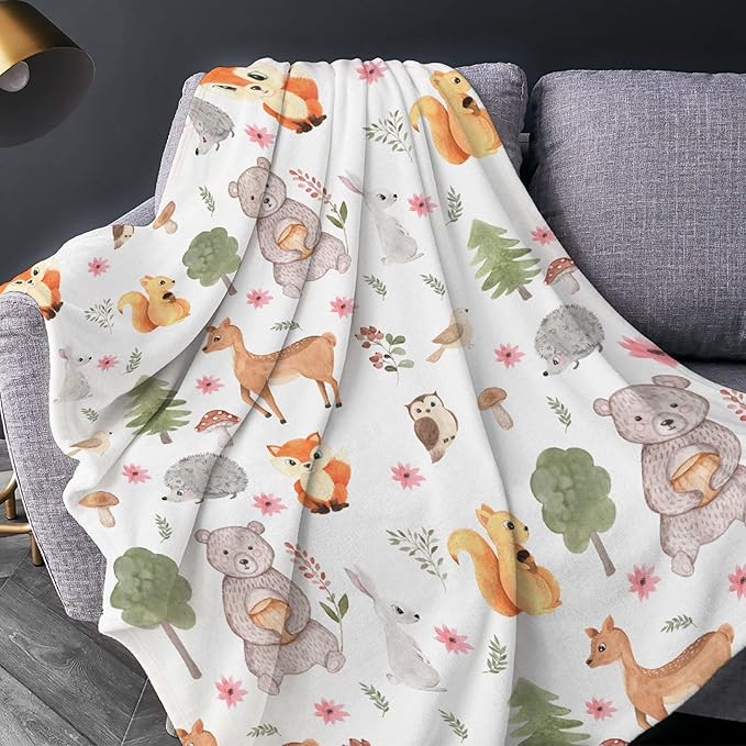 Thuswarm Cute Animals in The Woodland Flannel Blanket for Autumn Winter Gifts Warm Cozy Soft Funny Print Throw for Bed Couch Sofa 50”×40” Small for Kid