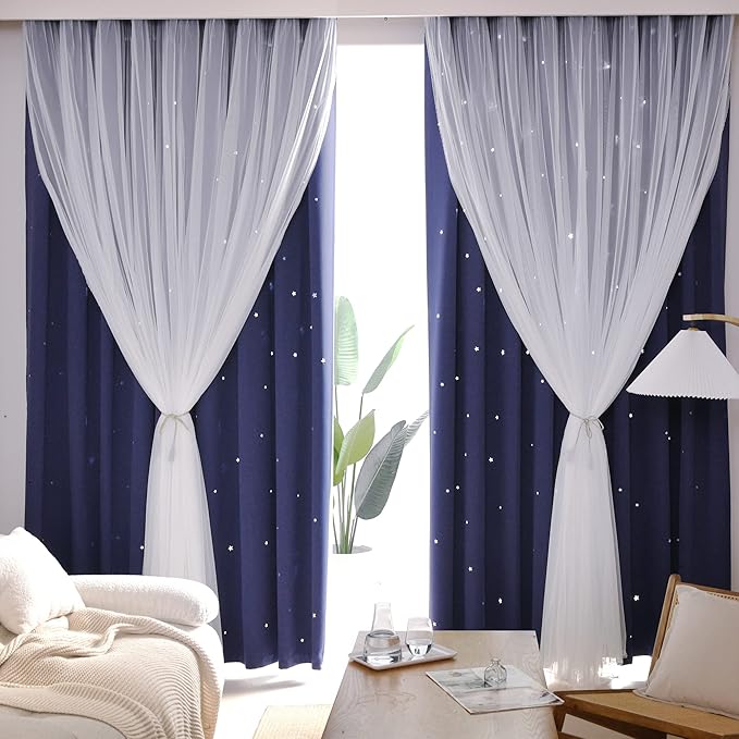 Kinryb Kids Star Cutout Curtains for Bedroom/Living Room/Classroom,2 Free Tiebacks Sheer Overlay 95 Inches 2 Panel Set, Double Layer Curtains for Kids Room(W52xL95 Inches,Navy Blue 2 Pcs)