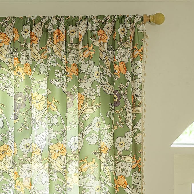 ENJOYBRIDAL Floral 84 Inch Curtains for Living Room Semi Sheer Drapes Bedroom Cute 2 Panels Boho Window Curtain Panels Floor Length Rod Pocket Country Farmhouse Dining Room Window Treatments