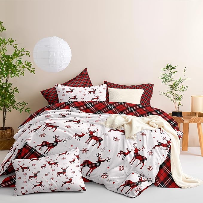 Christmas Duvet Cover King Size Red Gingham Christmas Deer Bedding Set Kids Boys Girls Grid Checked Xmas Snowflake Elk Comforter Cover 3 Pieces with Zipper Closure (No Comforter)