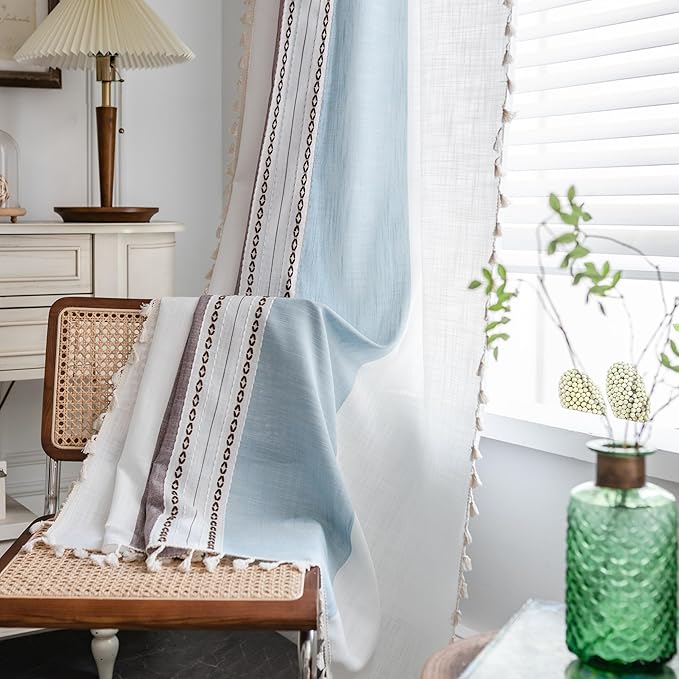 Deeprove Boho Linen Curtains 63 inch for Bedroom Living Room, Semi Blackout Cottage Farmhouse Tassels Window Treatment Bohemian Embroidery Drape Rod Pocket 1 Panel 52" W x 63" L, Blue and Brown