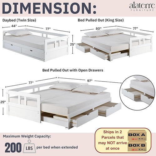 Alaterre Furniture Melody Twin to King Extendable Daybed with Trundle and Storage Drawers – Solid Pine Wood Kids Bed Frame with Headboard – Guest Bed for Boys, Girls, Toddlers, or Teens (White)