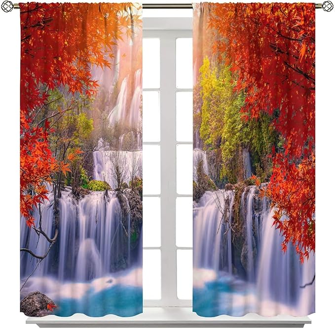 Forest Waterfall Blackout Windows Curtains, Autumn Red Green Maple Leaves Jungle Rainforest Natural Scenery Landscape Curtains, for Living Room Bedroom 42x45in 2 Panels