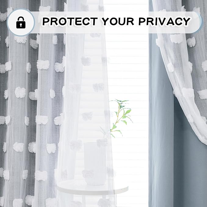 MYSKY HOME 72 Inches Long Curtains for Bedroom Dusty Blue Blackout Curtains Pom Pom White Sheer Curtains for Boys Room Double Layer Toddler Bedroom Grommet Room Darkening Window Panels 52 x 72 Inch